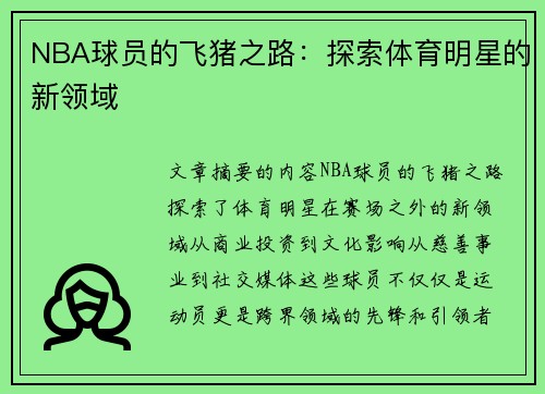 NBA球员的飞猪之路：探索体育明星的新领域