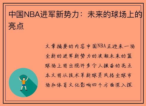 中国NBA进军新势力：未来的球场上的亮点